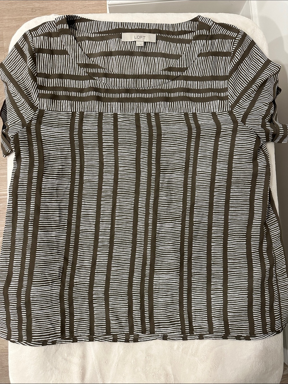 LOFT Olive Brown & White Striped Short Sleeve Blouse
